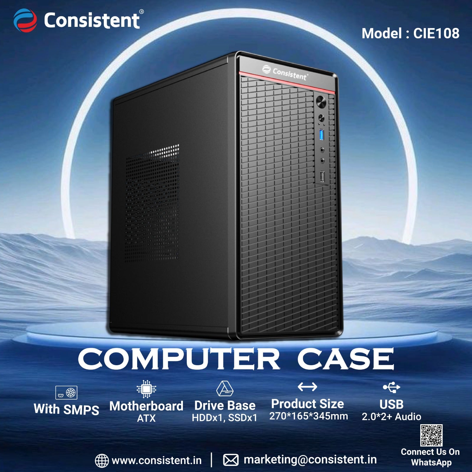 Consistent PC Case/SMPS (CIE108) Computer Case 4 Full Slots VGA Max 250mm Bold Design for Bold Performance.