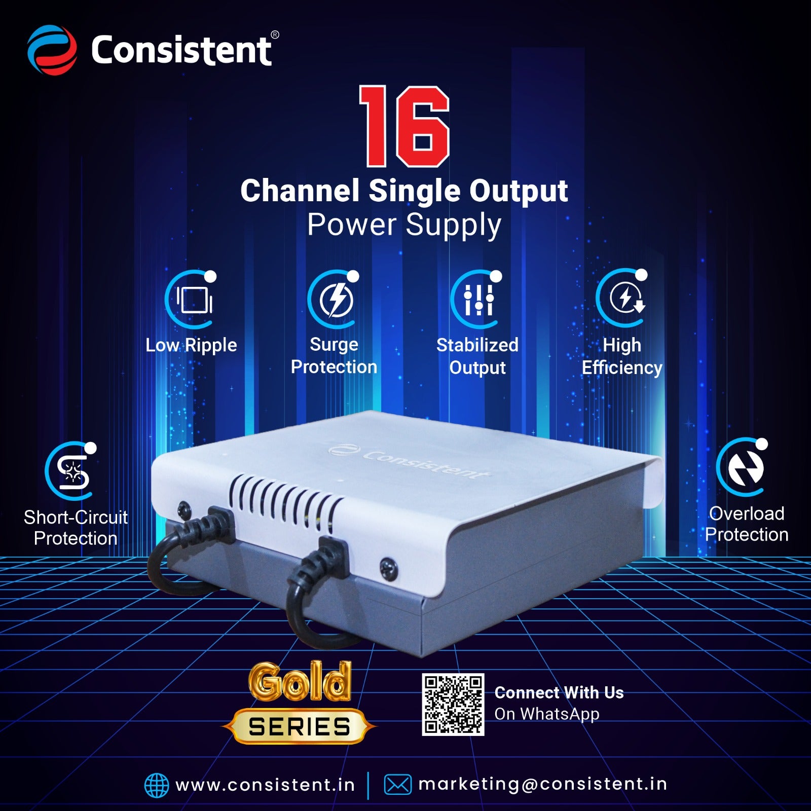 Consistent CCTV 16 Channel Single Output Power Supply "Gold Series' (CT-CPS-S16PG)