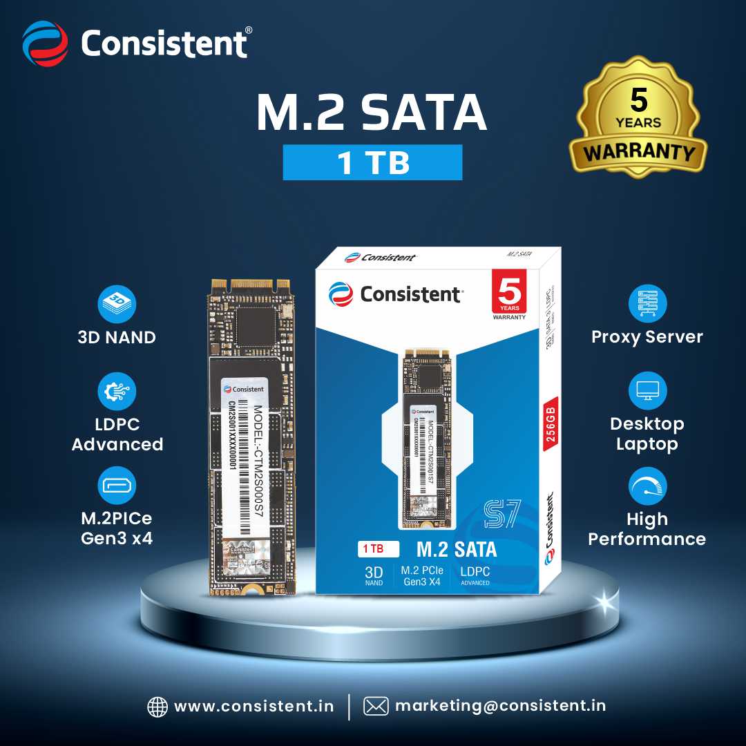 Consistent 1 TB M.2 SATA 2280, with Upto 550MB/s Read Speed & Write Speed 500MB/s, PCIe Gen 3.0, Next Level Performance, Ultra Low Power Consumption, 5 Years Warranty