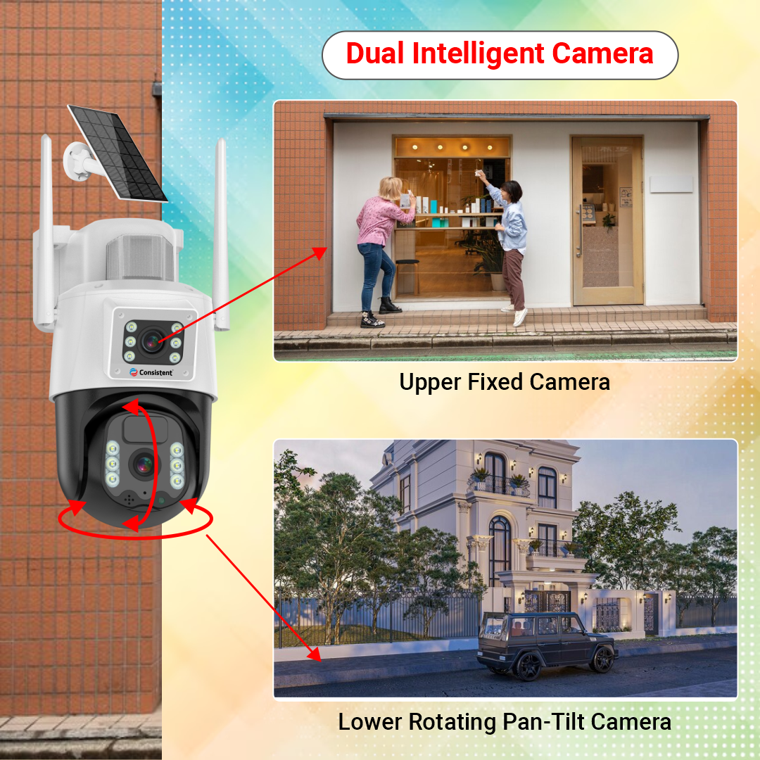Consistent 4G Solar Linkage Mini Pan-Tilt Camera (CT-CM-6MLPT) 3+3MP Solar Powered 4G Sim Based CCTV Outdoor Security Camera with 7W Solar Panel Built-in Battery | Surveillance for Agriculture | Remote Area | Construction Site | Garden
