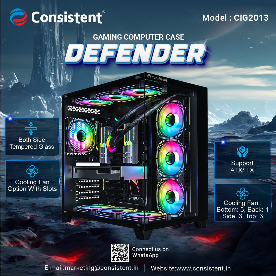 Consistent Defender Gaming Cabinet 2013 | Support: Micro ATX/Mini-ITX | Front Port : USB2.0 * 2+USB3.0 * 1+HD Audio| Both Side Tempered Glass