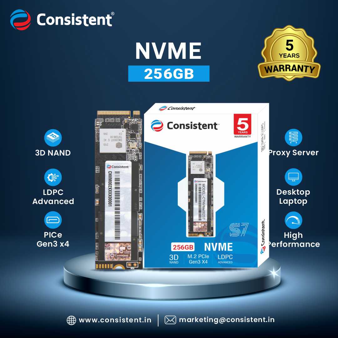 Consistent 256GB NVMe PCIe M.2 SSD 2280, 3D NAND with SLC Cache, Up to Read Speed 2200MB/s & Write Speed 3000MB/s, 5 Years Warranty.
