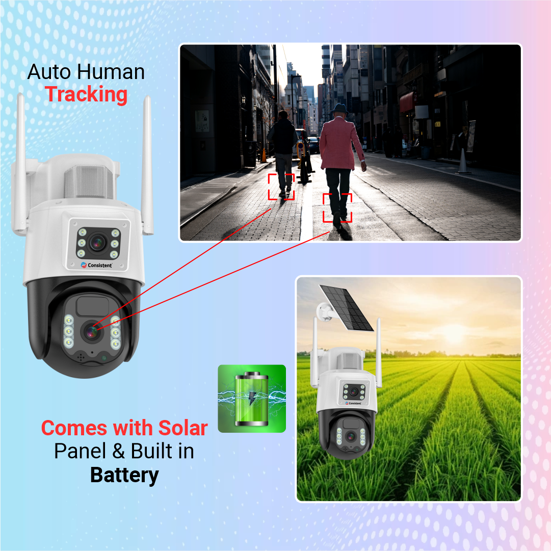 Consistent 4G Solar Linkage Mini Pan-Tilt Camera (CT-CM-6MLPT) 3+3MP Solar Powered 4G Sim Based CCTV Outdoor Security Camera with 7W Solar Panel Built-in Battery | Surveillance for Agriculture | Remote Area | Construction Site | Garden