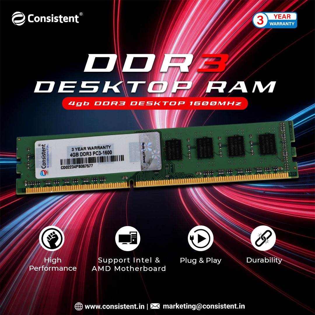 Consistent 4GB DDR3 RAM 1600MHz Desktop Memory, Long-DIMM (UDIMM
