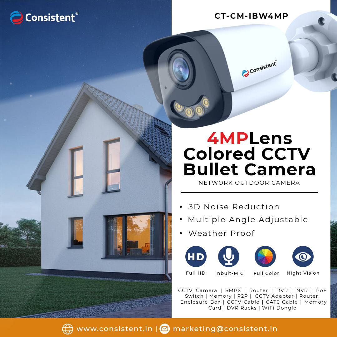 Consistent 4MP Colored  CCTV CAMERA 4MP BULLET-WARM (CTCMIBW4MP), Home Security Colored Weather Proof | Full HD 1080Px with Night Vision, 3 Axis Levels