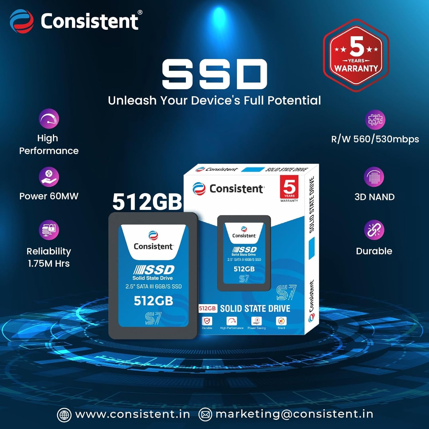 Consistent 2.5" 512GB SSD with SATA III Interface, 6Gb/s Read/Write Speed Upto - 550/500 MB/s, 5 Years Warranty