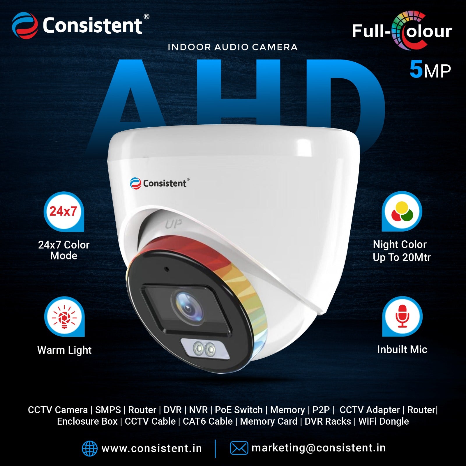 Consistent 5MP CCTV AHD DOME CAMERA(CTCMHDW5MPA), |Support: Audio (TVI , CVI)  | Multiple Angle Adjustment | 3D Noise Reduction | Lens 3.6 mm Fixed lens.