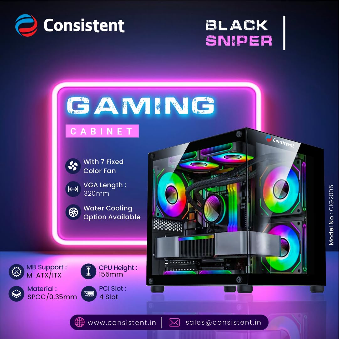 Consistent Gaming PC Case (CIG2005) Black Sniper Gaming Cabinet for Video Games, Compact Design Rear Rainbow Fans.