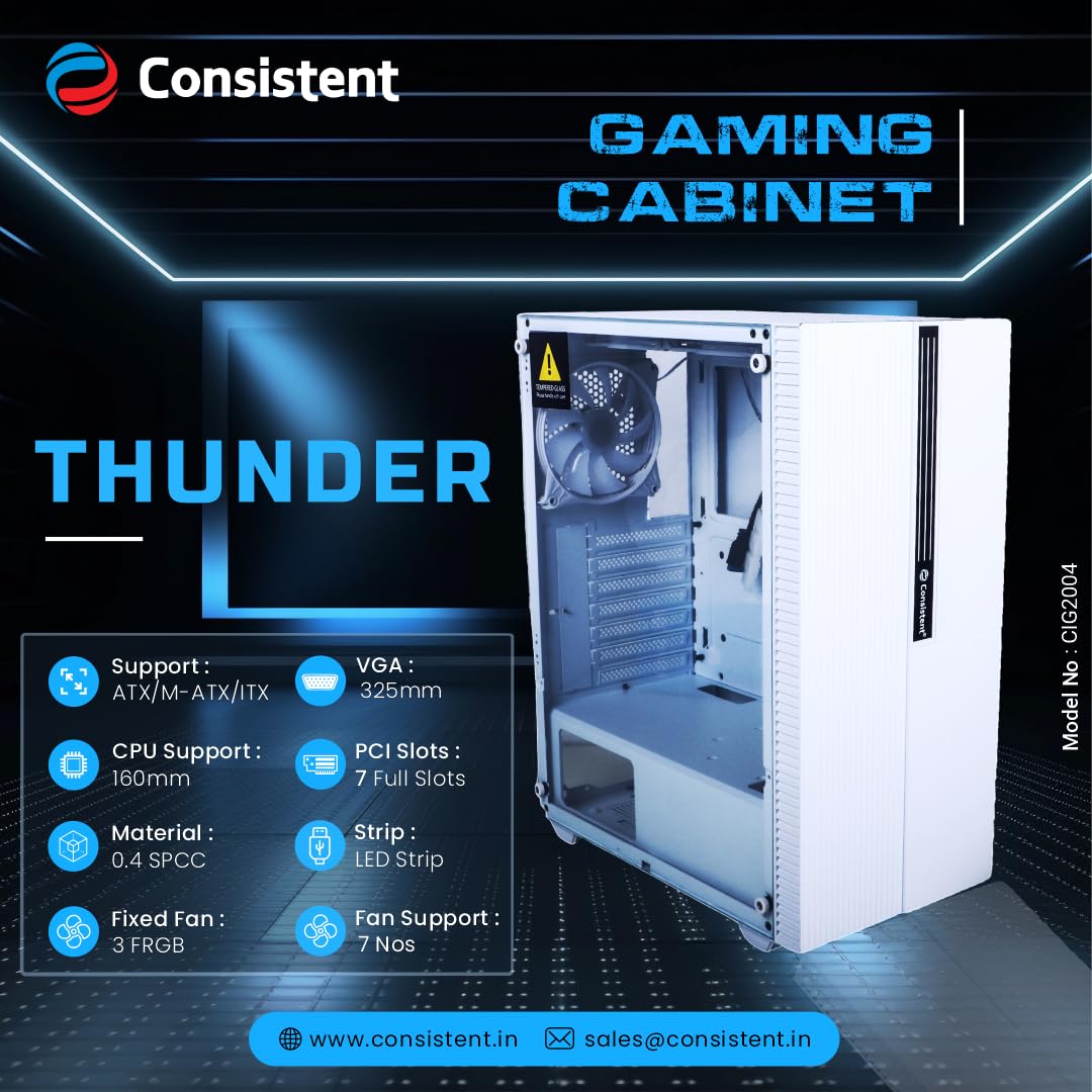 Consistent Thunder Gaming Cabinet 2004 White Gaming Cabinet | Supports ATX, M-ATX, ITX | 4 RGB Cooling Fans