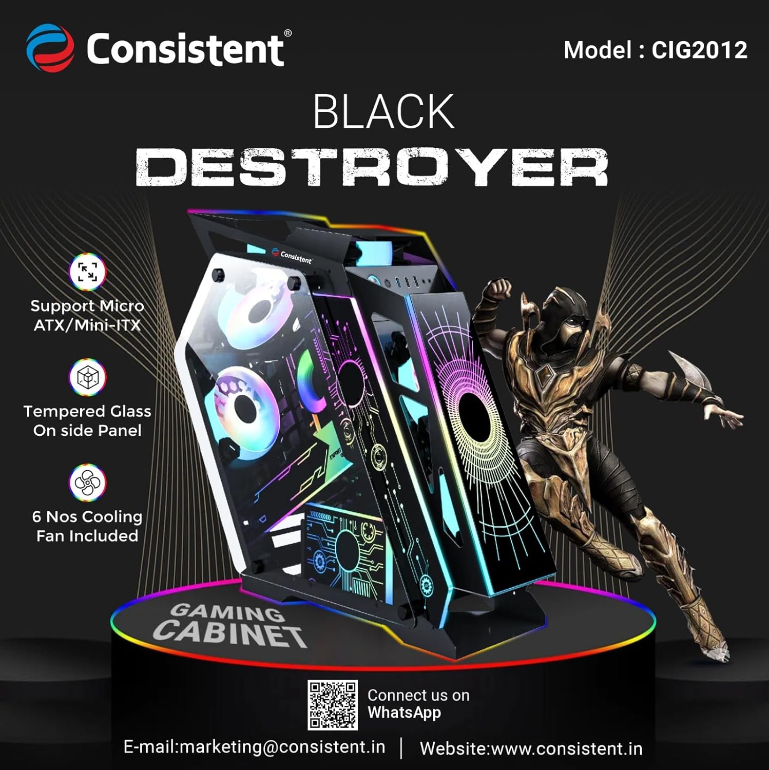Consistent Black Destroyer Gaming Cabinet 2012 | Support : Micro ATX/Mini-ITX | Front Port: USB2.0 * 1+USB3.0 * 1+HD Audio | with Tempered Glass