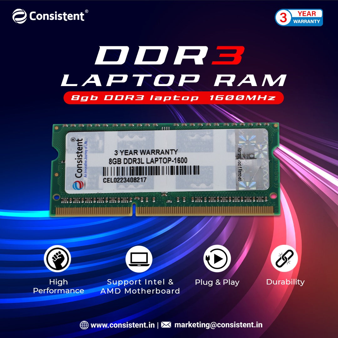 Consistent 8GB DDR3 1600 Laptop RAM, Easy to Install: Plug-and