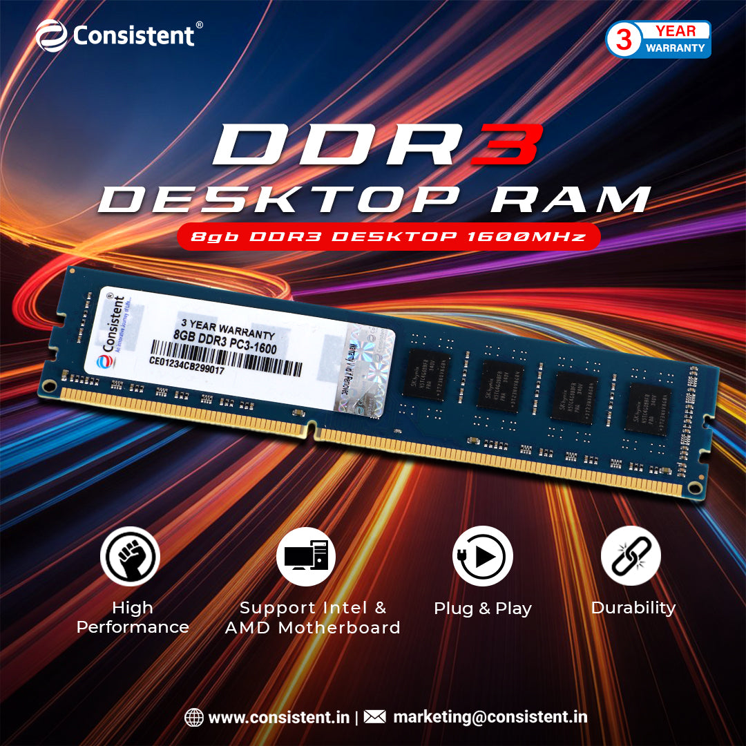 Consistent 8GB DDR3 1600MHz Desktop RAM (Memory) U-DIMM | Long-DIMM | DT PC3-1600 Single Channel Memory with 3 Years Manufacturer Warranty (Made in India)