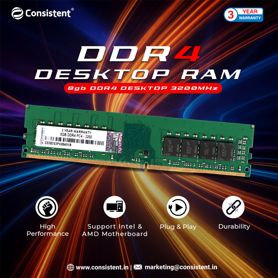 Consistent 8GB DDR4 RAM 3200Mhz Desktop, Plug-and-Play  No Additional Drivers Required with 3 Year Warranty Ram for desktop DDR4-compatible motherboards.
