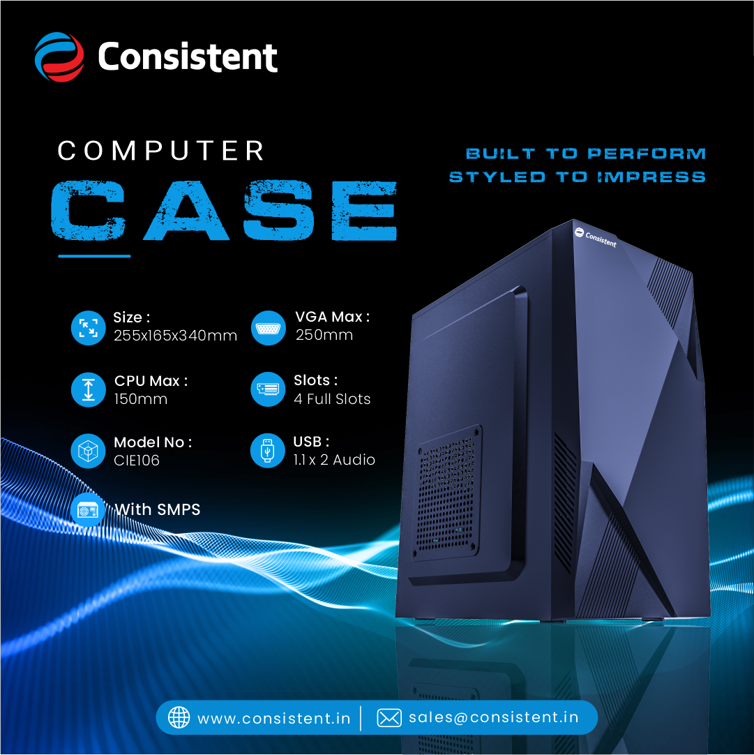 Consistent PC Case/SMPS (CIE106) Computer Case, Compact Design VGA Max 250mm 4 Full Slots Roll over image to zoom in Consistent PC Case/SMPS (CIE106) Computer Case, Compact Design VGA Max 250mm 4 Full Slots