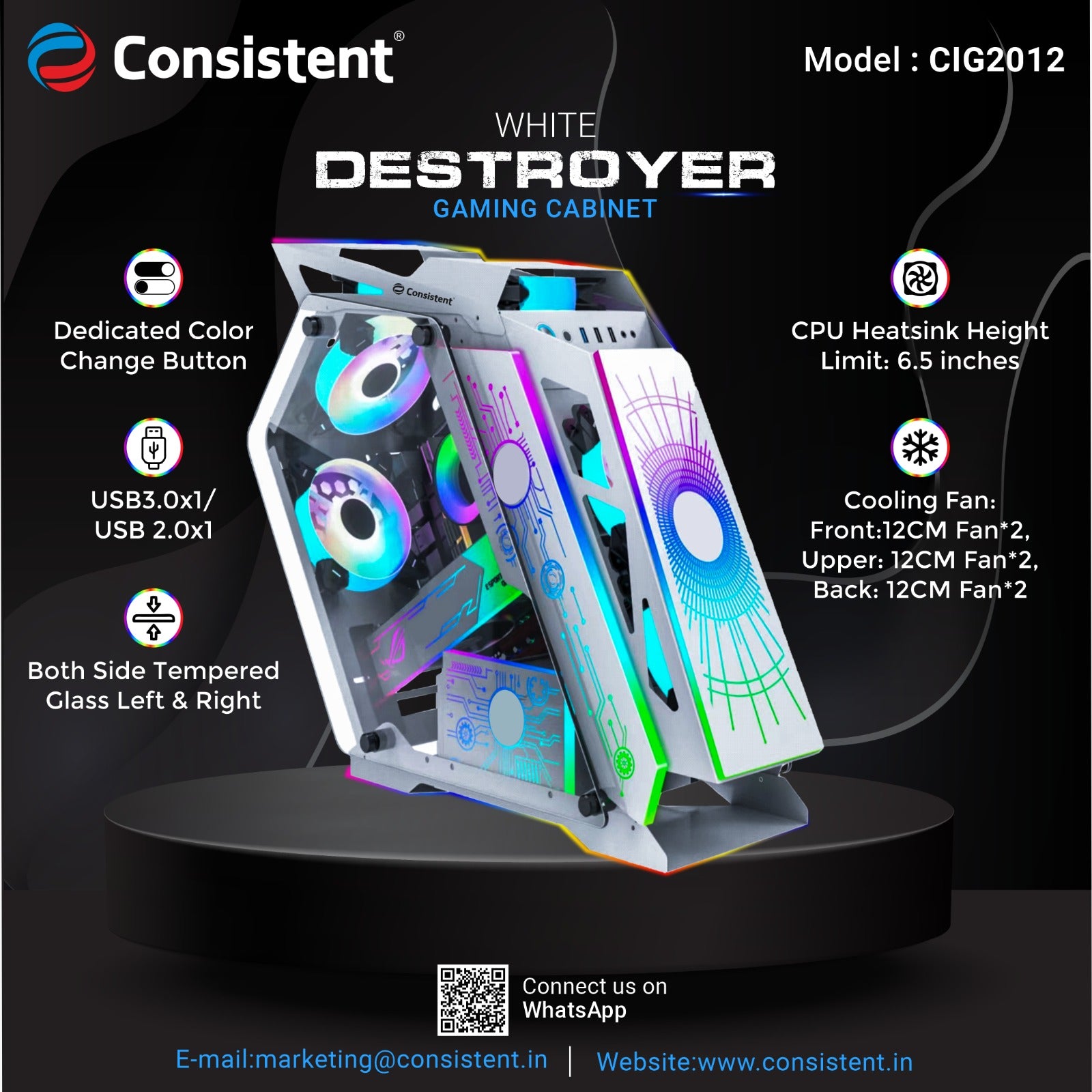 Consistent White Destroyer Gaming Cabinet 2012 | Support : Micro ATX/Mini-ITX | Front Port: USB2.0 * 1+USB3.0 * 1+HD Audio | with Tempered Glass