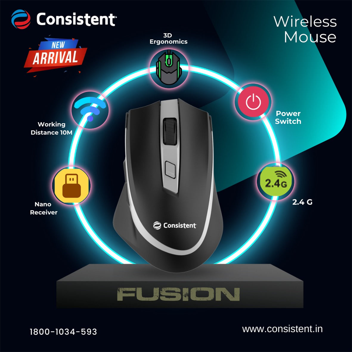 Consistent Fusion Wireless Mouse (MG1151) Wireless Mouse, 2.4GHz with USB Nano Receiver, High Precision Optical Tracking, Buttons, Plug & Play, Ambidextrous, for PC/Mac/Laptop (Black)
