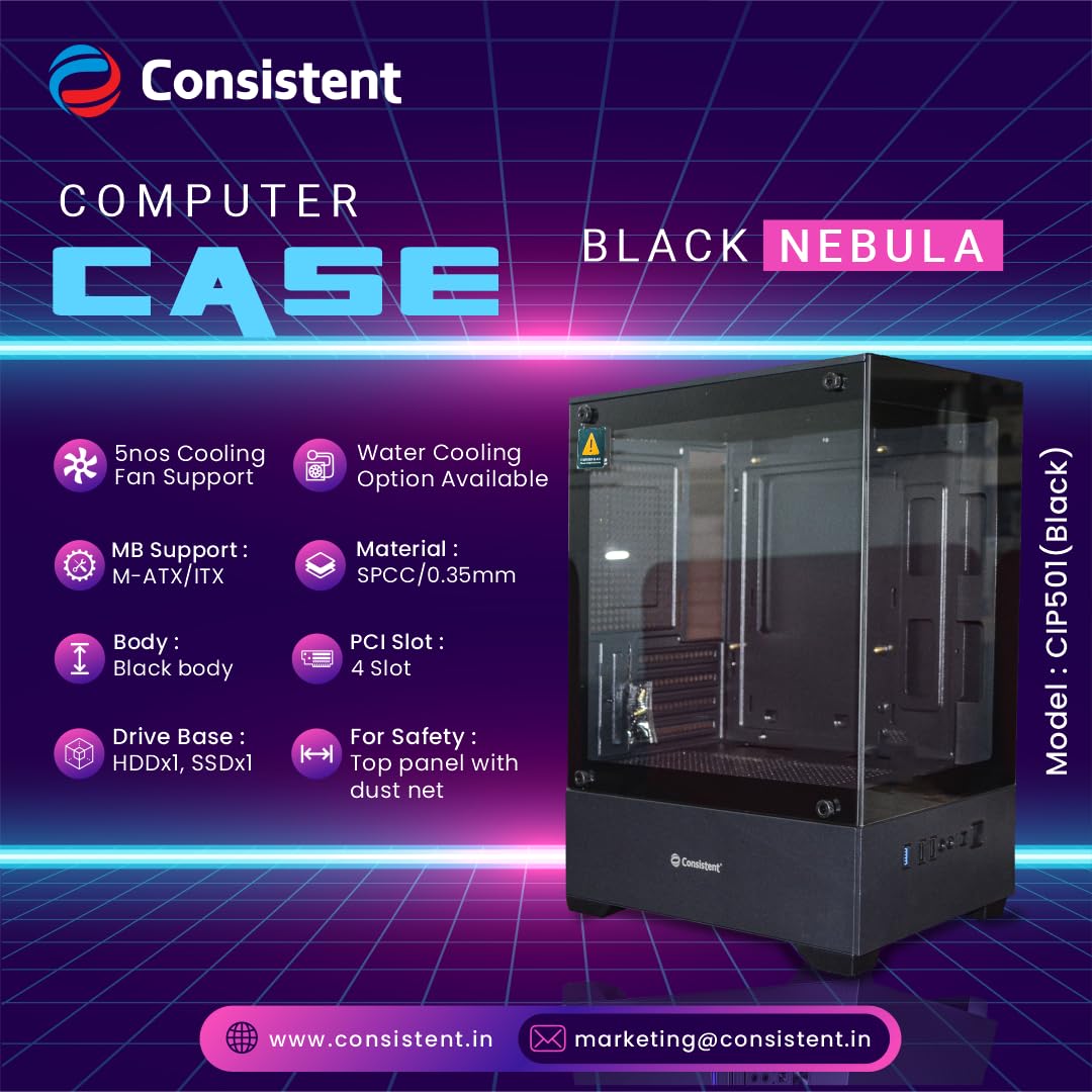 Computer PC Case (CIP501) Black Nebula Computer Case/Gaming Cabinet - Black | Support ATX, M-ATX, ITX