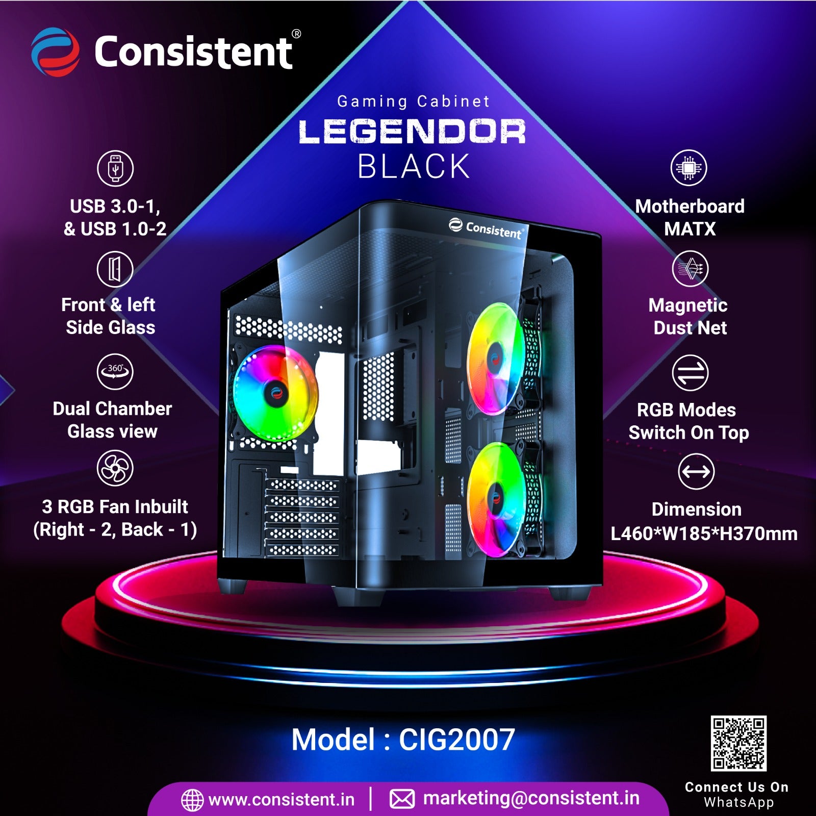 CONSISTENT GAMING PC CASE (CIG2007) LEGENDOR BLACK  including two 12cm ARGB fans on the motherboard plate and an additional 12cm ARGB rear fan