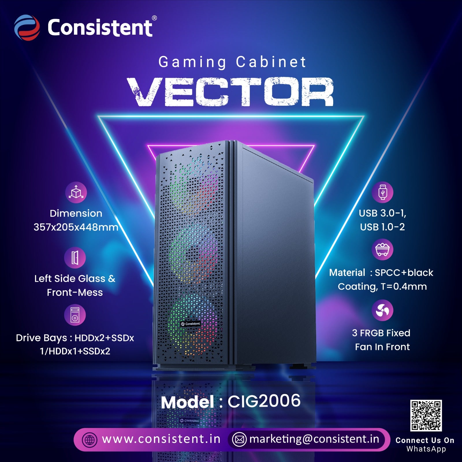 Consistent Gaming PC Case (CIG2006)Black - VECTOR | Support :ATX, Micro ATX, and Mini ATX, along with ATX 12V | USB 3.0*1,1.0*2