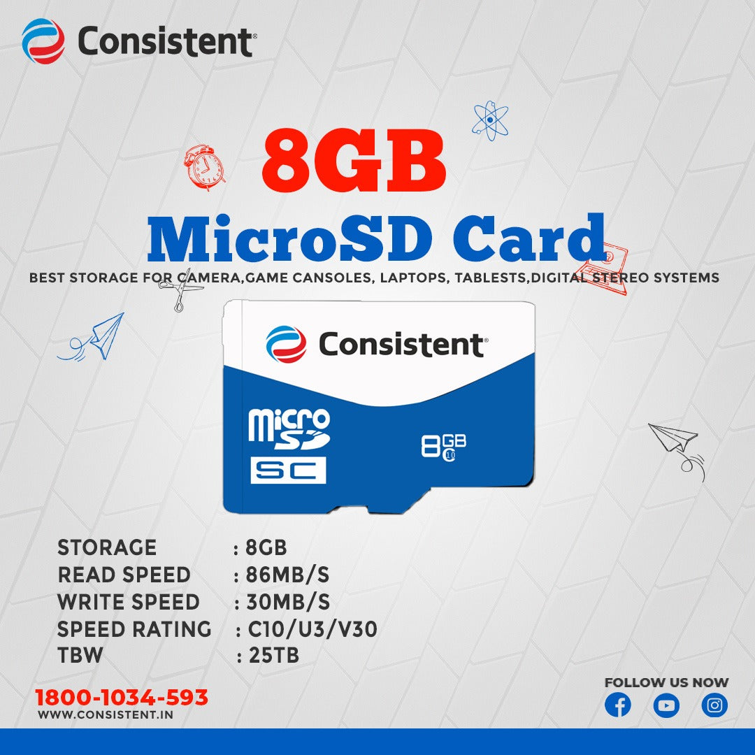 Consistent Micro SD Card 8Gb, High Performance 5 Year Warranty.