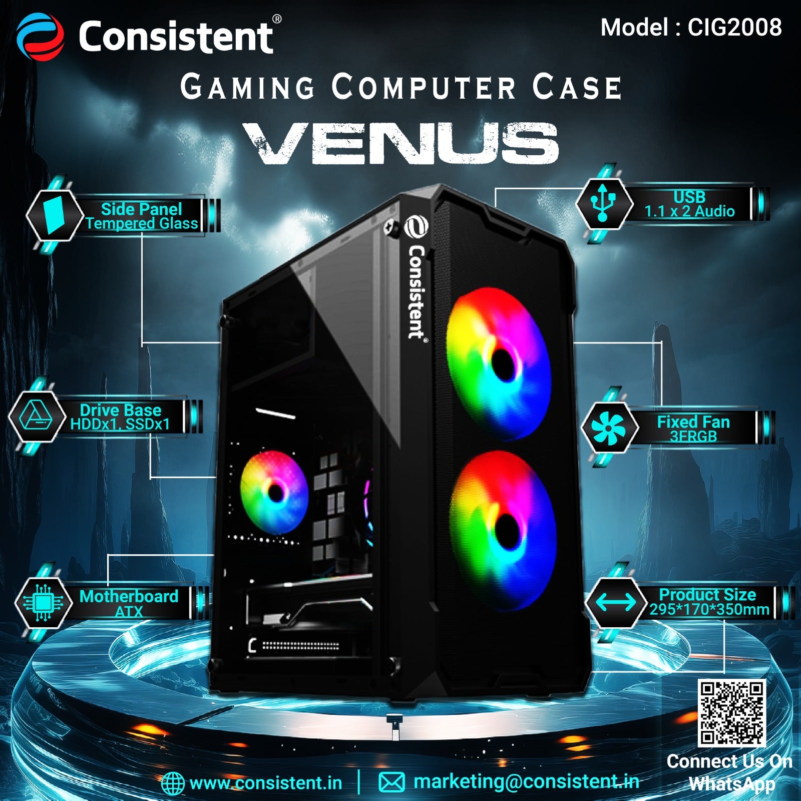 Consistent Venus Gaming Cabinet 2008 | with Tempered Glass Side Panel | Support:Micro-ATX | 3 Fixed Color Fans