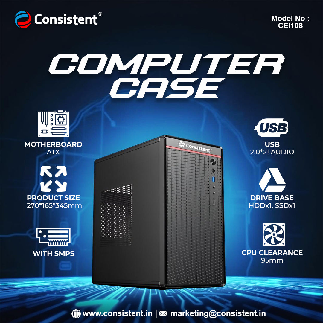 Consistent PC Case without SMPS (CIE108) Computer Case 4 Full Slots VGA Max 250mm Bold Design for Bold Performance.
