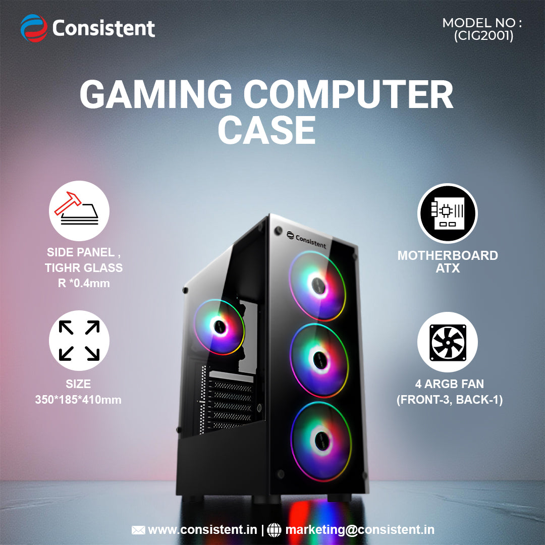 Consistent Neon Gaming Cabinet 2001 | Support : Micro ATX/ Mini ATX | Case Size (Front):350*185*410mm | CPU Height : 150mm | Fan : 4FRGB Fan
