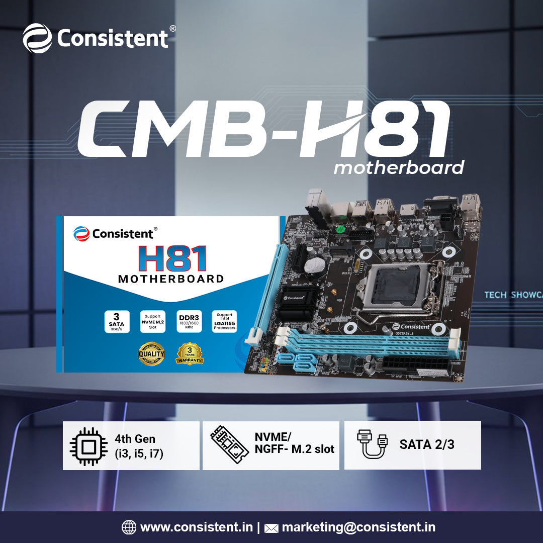 Consistent H-81 Motherboard 4th Gen i3, i5, i7, DDR3 Slots for RAM, Motherboard with Sound Card, SATA 2&3, 3Y Warranty