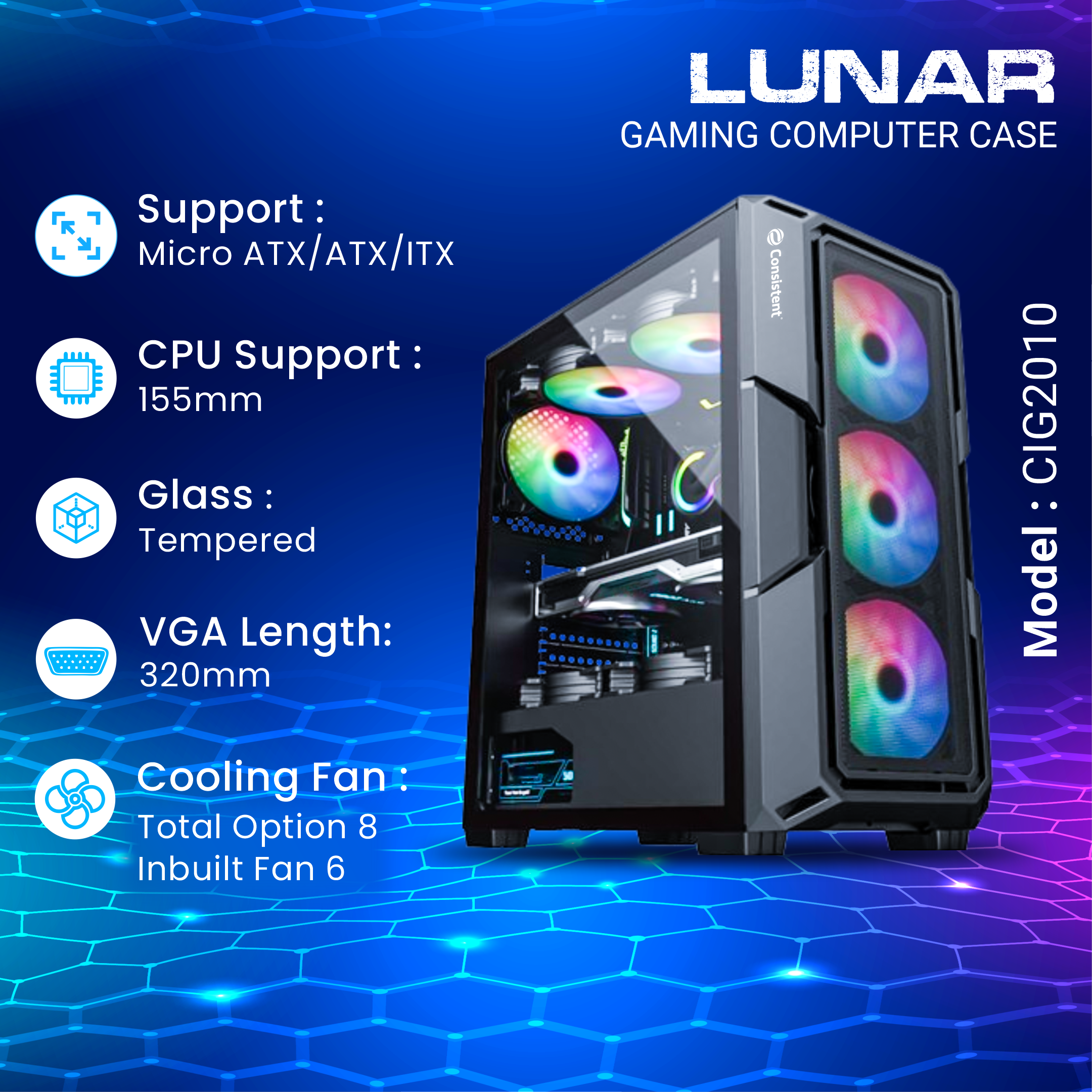 Consistent Lunar Gaming Cabinet 2010 | Support: Micro ATX/ATX/ITX | 6 FRGB Cooling Fan | Total Fan Option 8