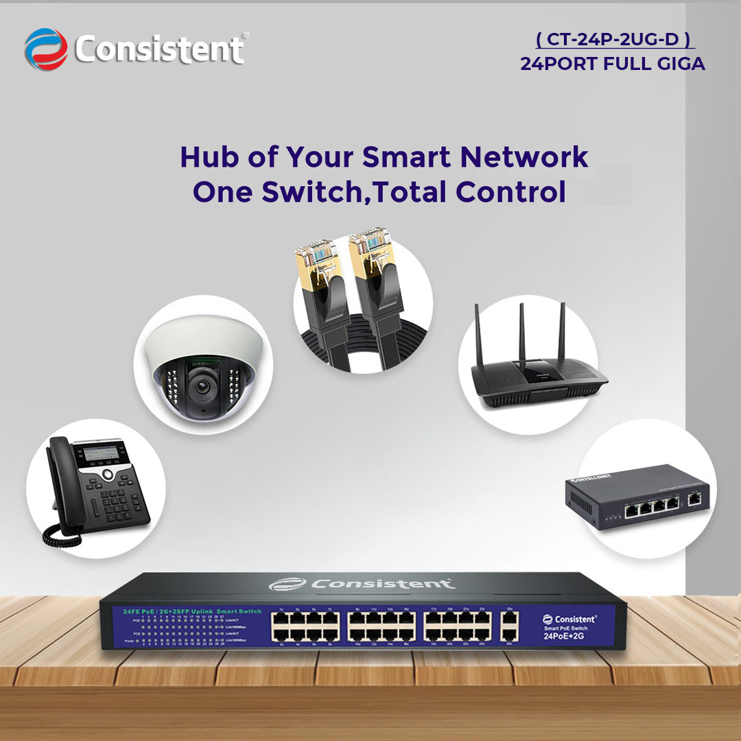 Consistent 24 Full GIGA Port  POE Switch, Heavy-Duty 24-Port PoE Switch, Full 10/100/1000Mbps Gigabit Speeds, Power Over Ethernet for Security Cams & Small Business