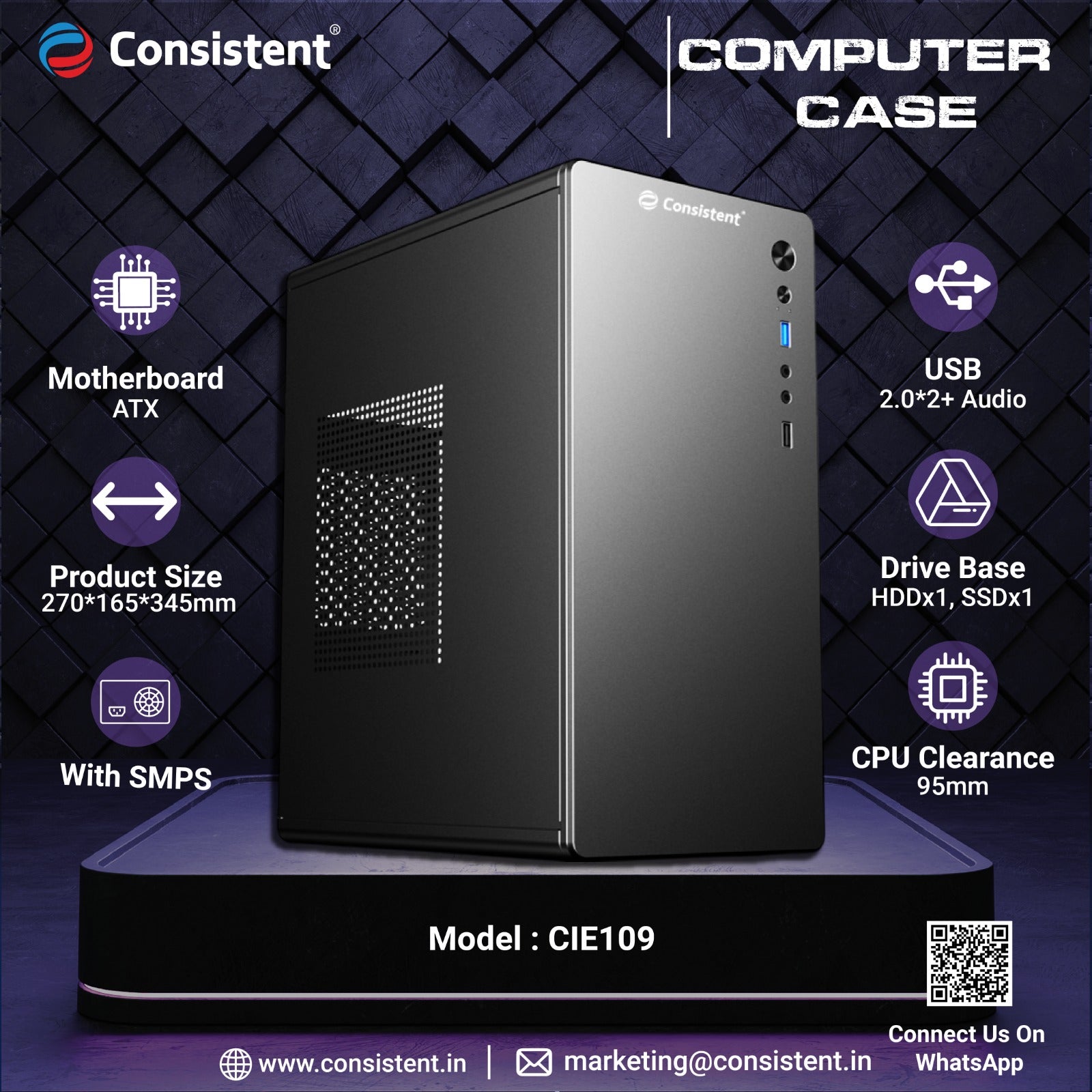 Consistent PC Case/SMPS (CIE109) Computer Case 4 Full Slots VGA Max 25 ...