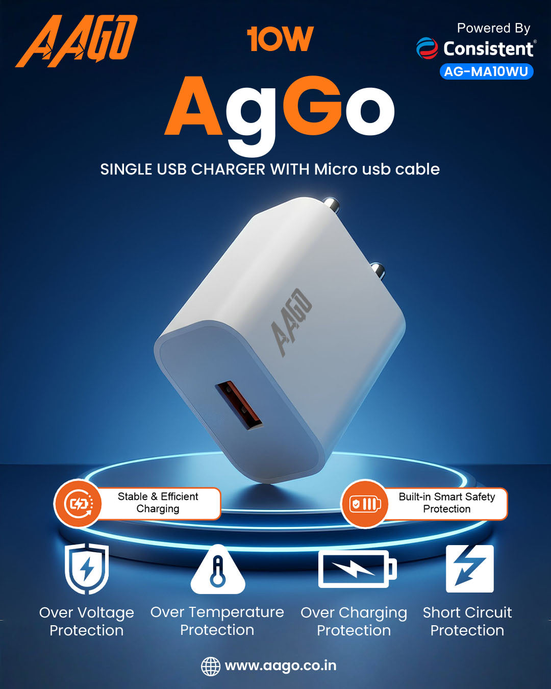 AAGO AgGO 10W Single USB Charger with Micro USB Cable | Fast & Safe Charging Adapter | AG-MA10WU