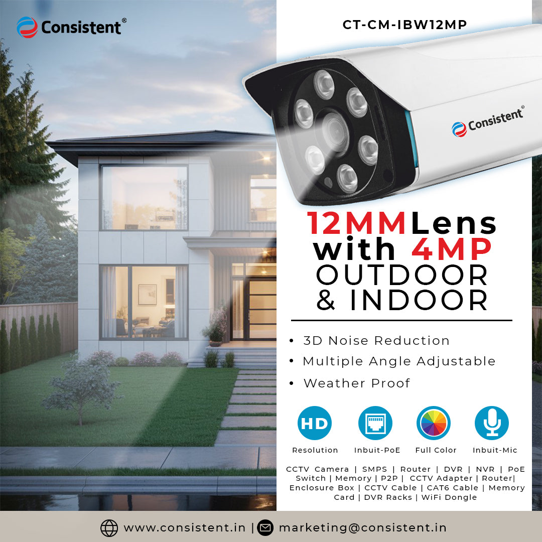Consistent 12MM  4MP IP Outdoor Warm Bullet Camera, | Multiple Angle Adjustment | 3D Noise Reduction | Inbuilt MIC | Support ONVIF | Weather Proof | Inbuilt POE | Color Distance 60 meters.