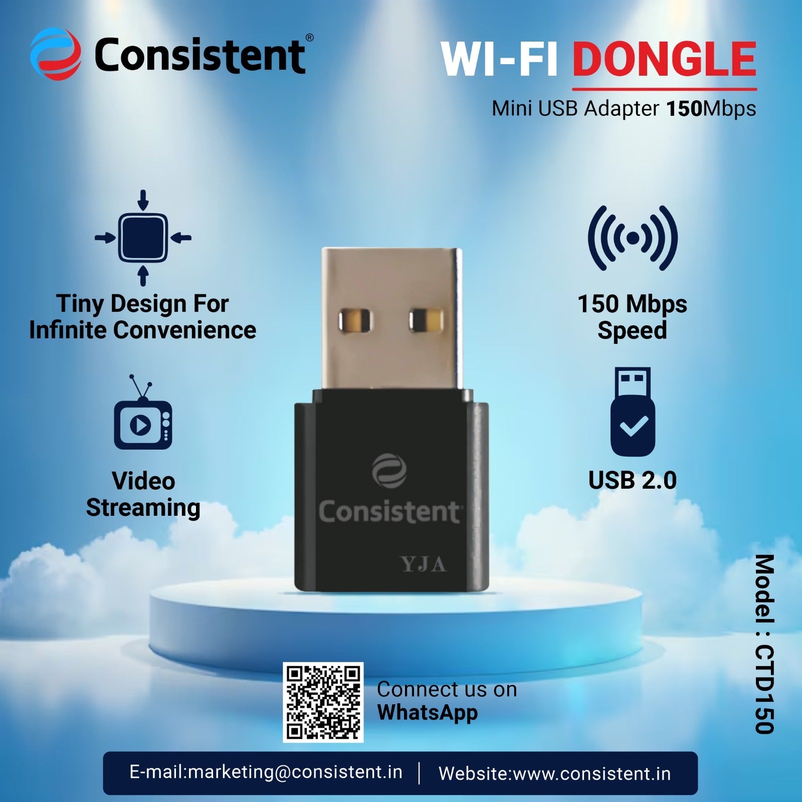 Consistent WiFi Mini USB Adapter 150Mbps WiFi USB Mini Adapter Supports, Wireless Data, Comes with Advanced Security WPA/WPA2 encryption Standards(Black)