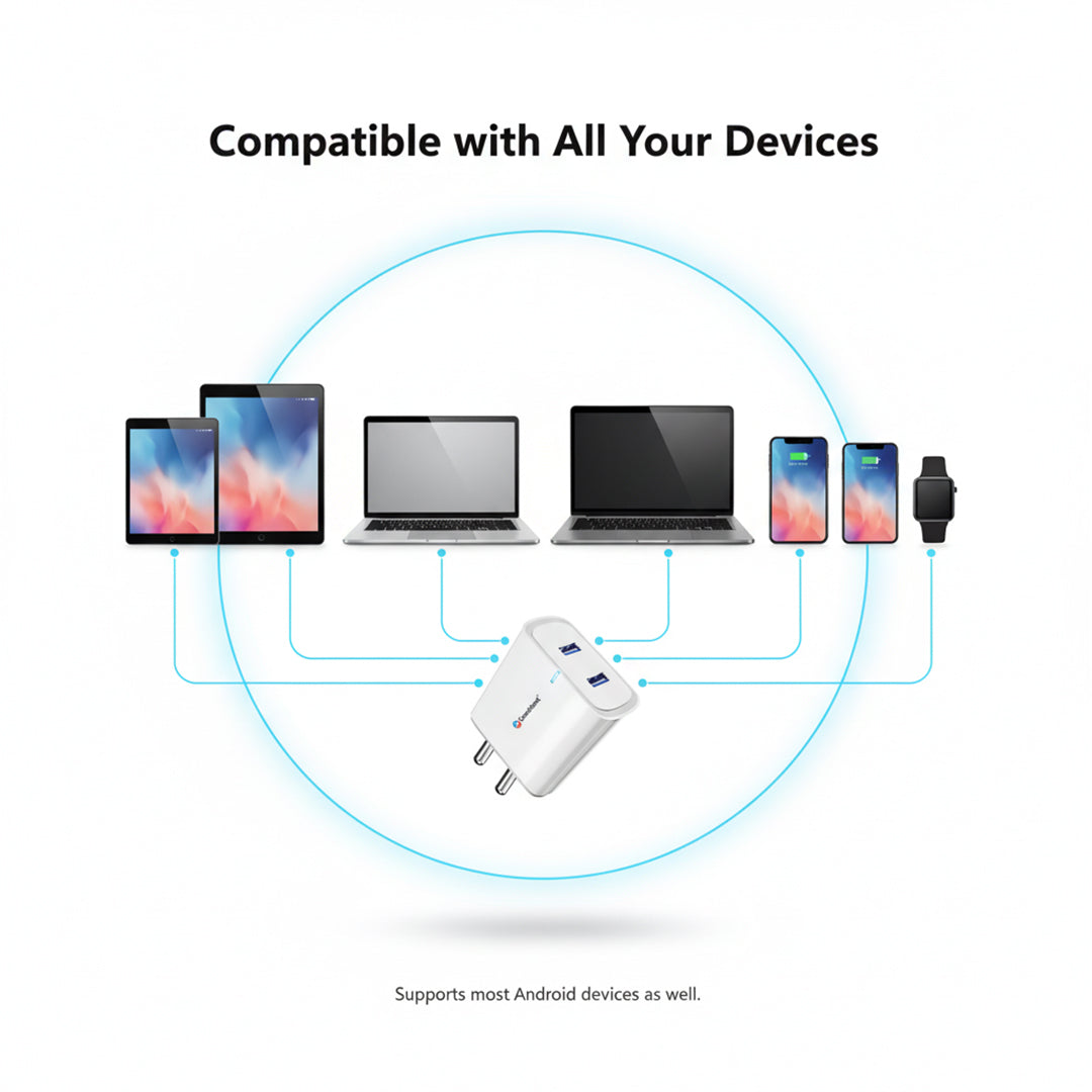 Consistent 15W dual USB mobile charger with Type-C cable inside, compact and portable for fast device charging.