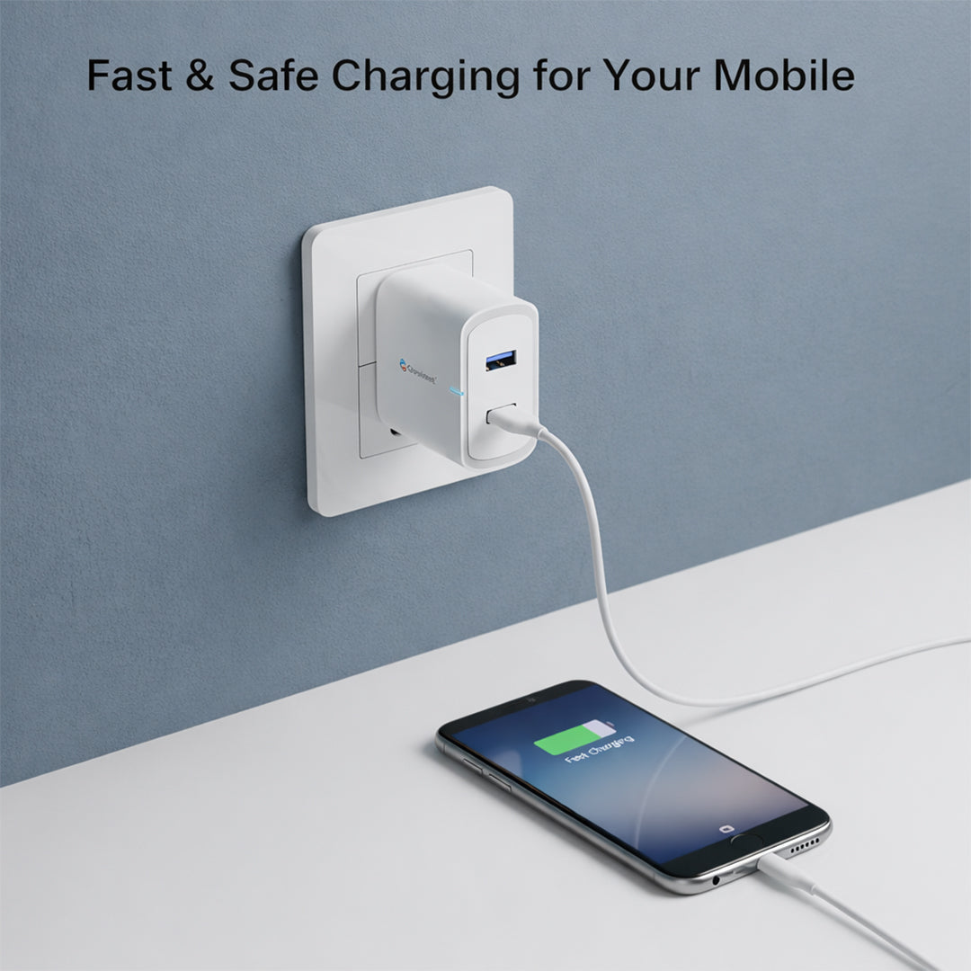 Consistent 15W dual USB mobile charger with type-C cable inside, compact power adapter for smartphones and devices.