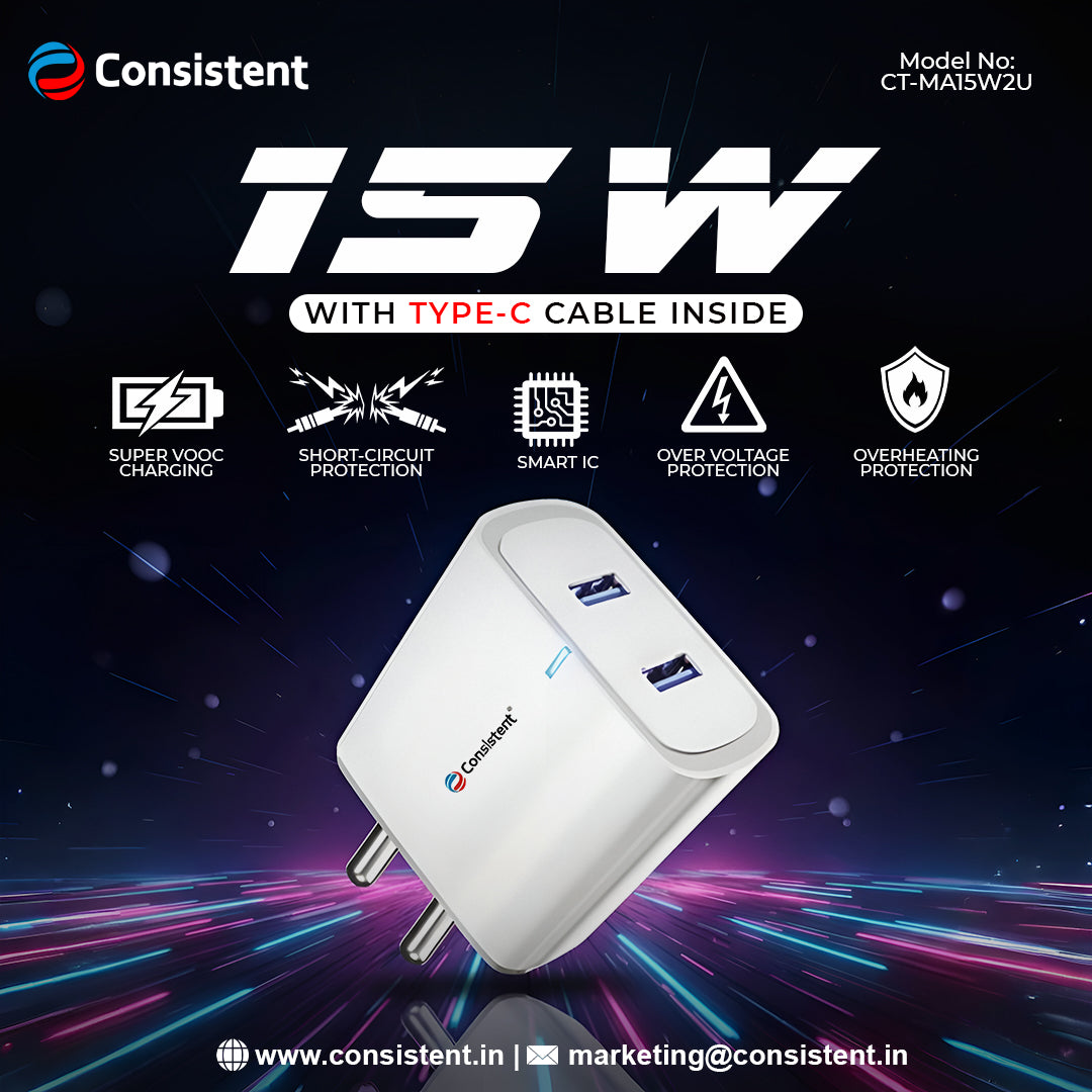 CONSISTENT 15W DUAL USB MOBILE CHARGER WITH TYPE-C CABLE INSIDE (CT-MA15W2U)
