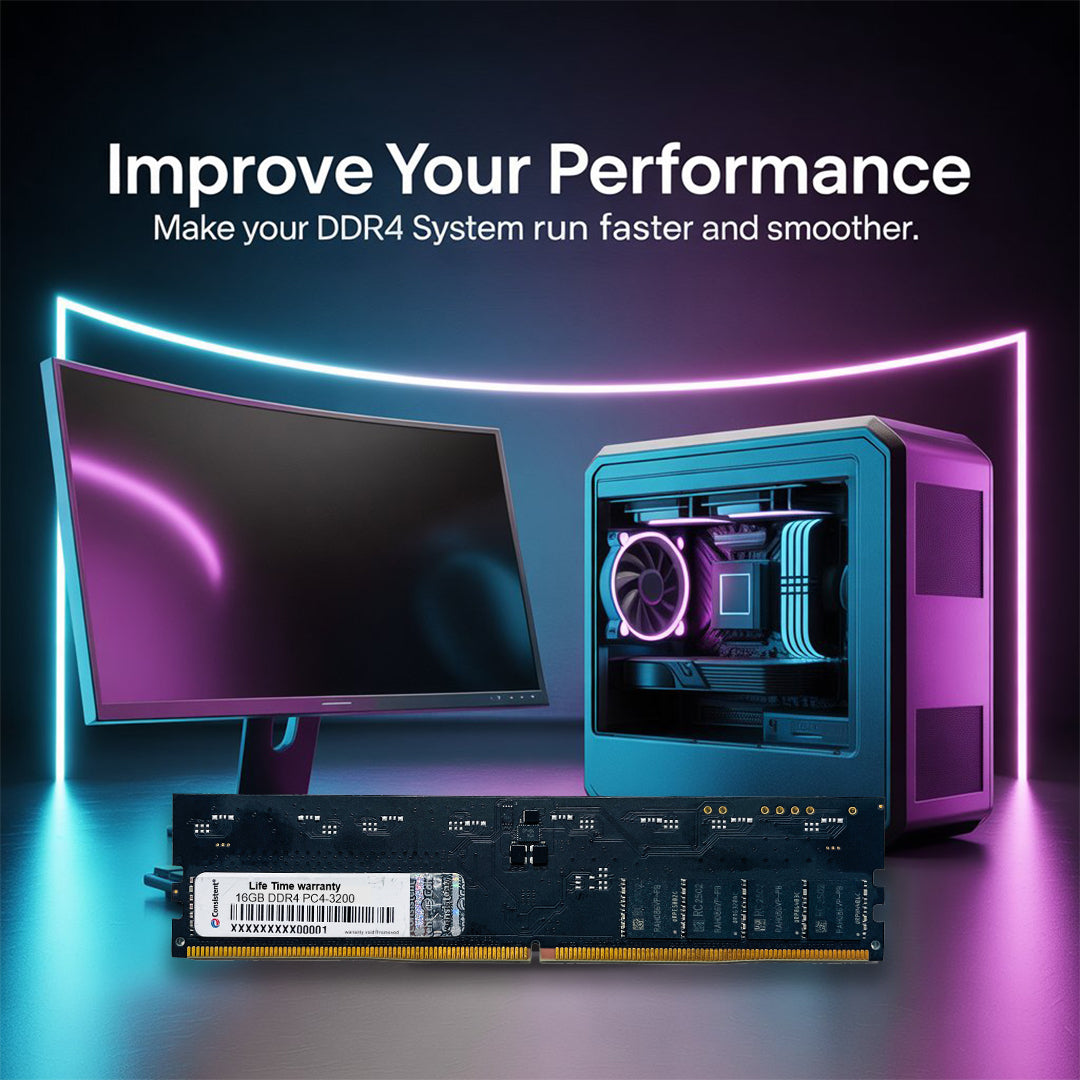 Consistent Yeti 16GB DDR4 desktop RAM module with 3200MHz speed, energy-efficient, and 3-year replacement warranty.