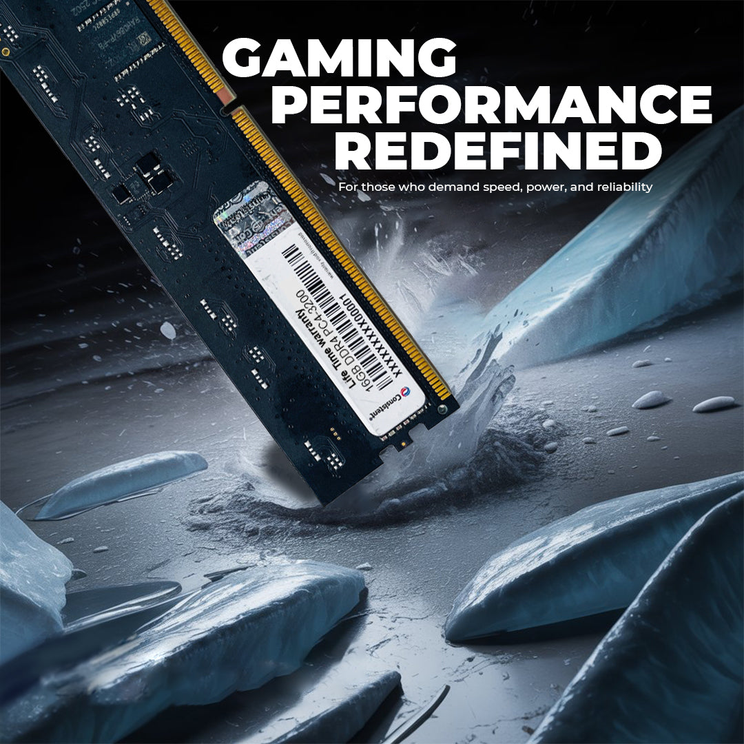Consistent Yeti 16GB DDR4 desktop RAM module with 3200MHz speed, designed for efficient performance and reliable power savings