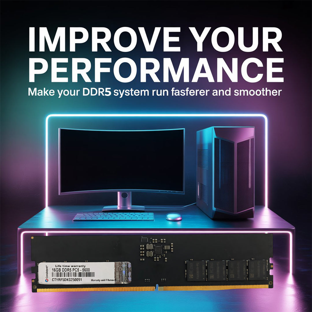 Consistent 16GB DDR5 Yeti Desktop RAM stick for PC, 5600MHz, compatible with DDR5 motherboards and processors.