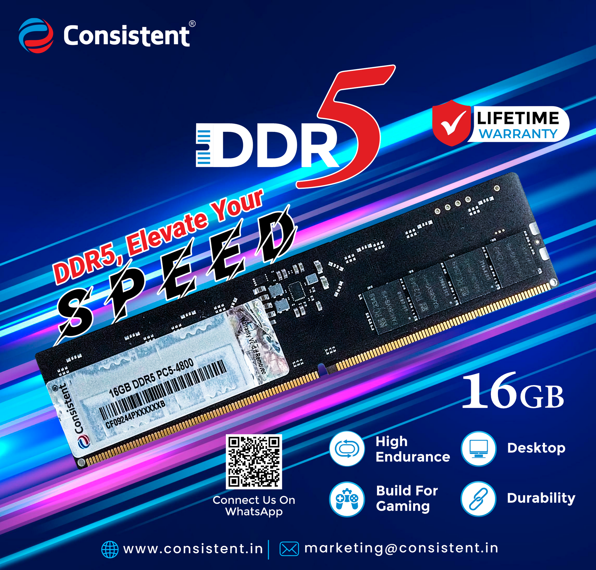 16GB DDR5 Yeti Desktop RAM module from Consistent Store, designed for DDR5 motherboards, 4800MHz speed, with lifetime warranty.
