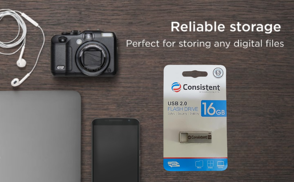 Consistent Pen Drive 16GB 2.0 (Grey) 5 year Warranty.