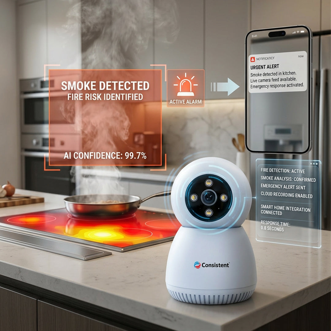 Consistent Wireless Wi-Fi 3MP Mini Robot Camera from CEYE Series with pan tilt, smart human detection, mounted on a wall.