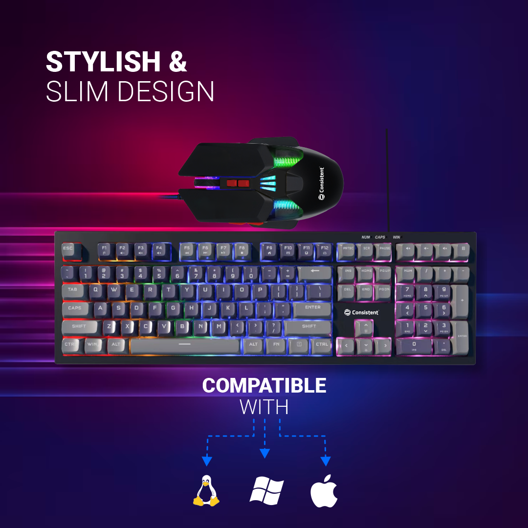 Consistent Avenger Gaming Combo Wired RGB Mouse & Keyboard (CTGK1151) for Windows, USB Plug-and-Play, Keystrokes, Rainbow Breath Light, 1.5 Cable Length, DPI-3600 7D Mouse, 26 Keys Anti-ghosting.