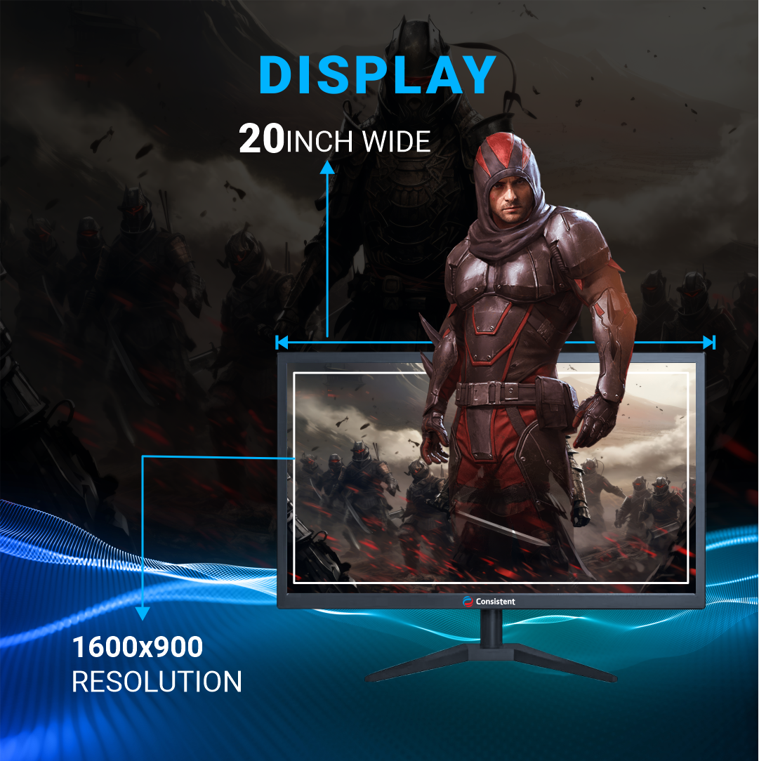 Consistent 2100 19.5" inch (49.53 cm) Wide Display 1920 x 1080 Pixels Full HD Ultra-Slim Monitor, Anti-Glare, Brightness Intelligence, HDMI, Inbuilt Speakers, Framless (Black) 3 Years Warranty.