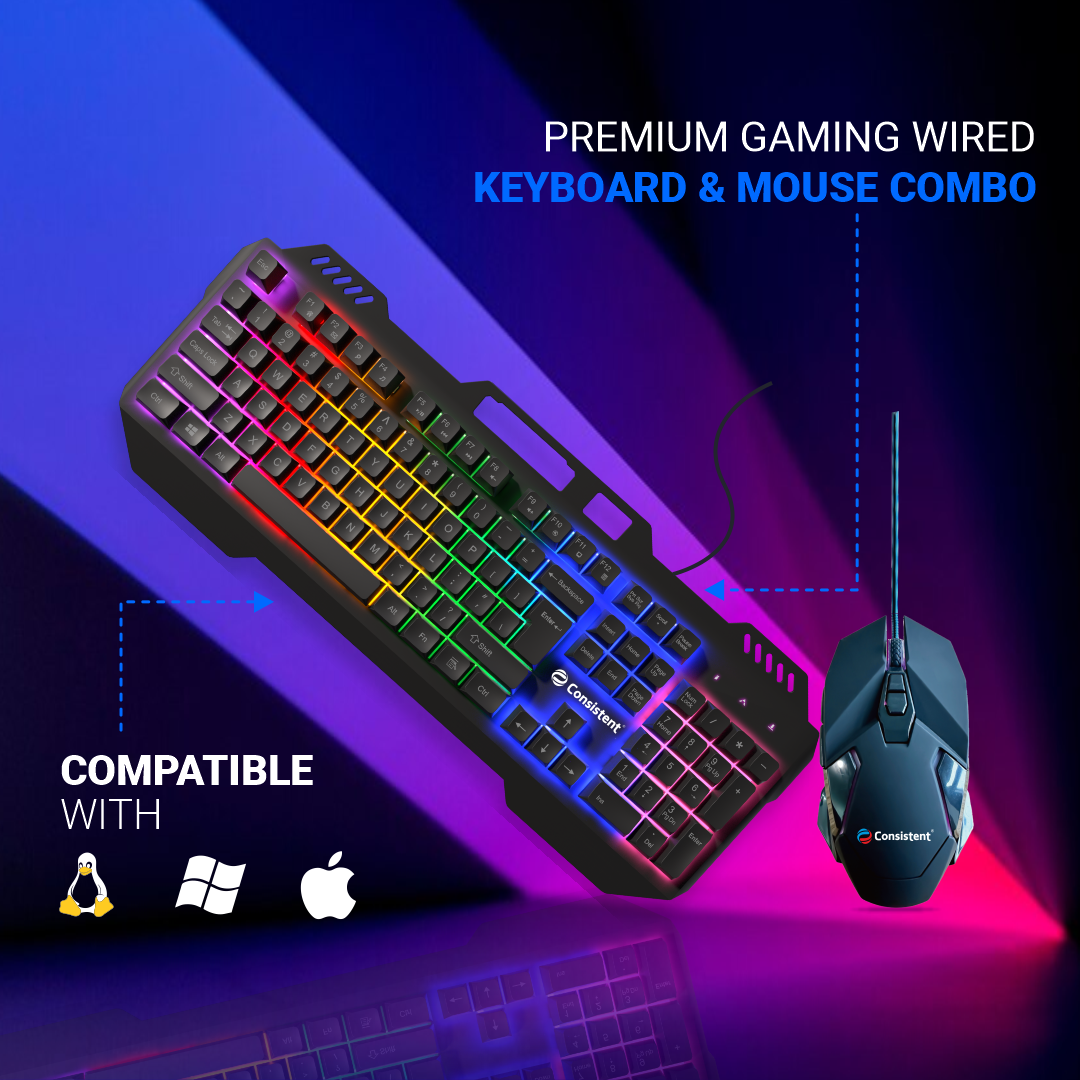 Consistent Black Panther Gaming Combo Wired Mouse & Keyboard (CTGK1150) for Windows, USB Plug-and-Play, Keystrokes, Rainbow Breath Light, 1.5 Cable Length, DPI-3600 7D Mouse.