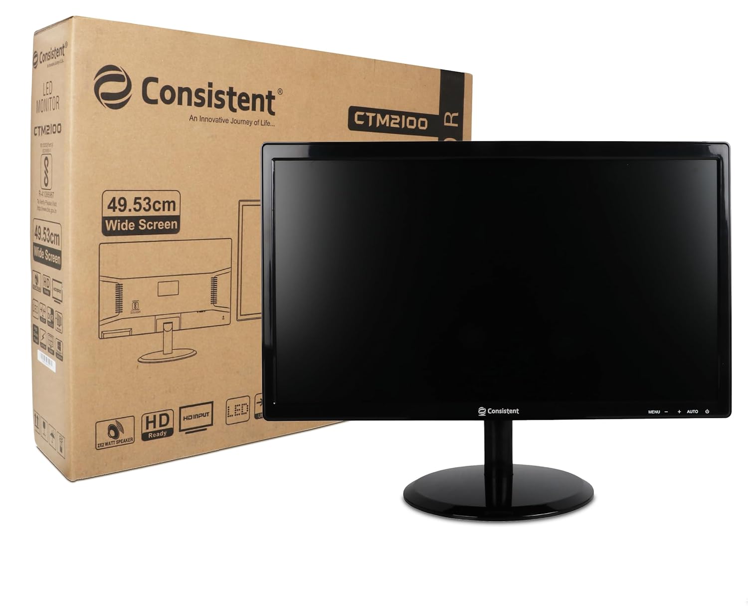 Consistent 2100 19.5" inch (49.53 cm) Wide Display 1920 x 1080 Pixels Full HD Ultra-Slim Monitor, Anti-Glare, Brightness Intelligence, HDMI, Inbuilt Speakers, Framless (Black) 3 Years Warranty.