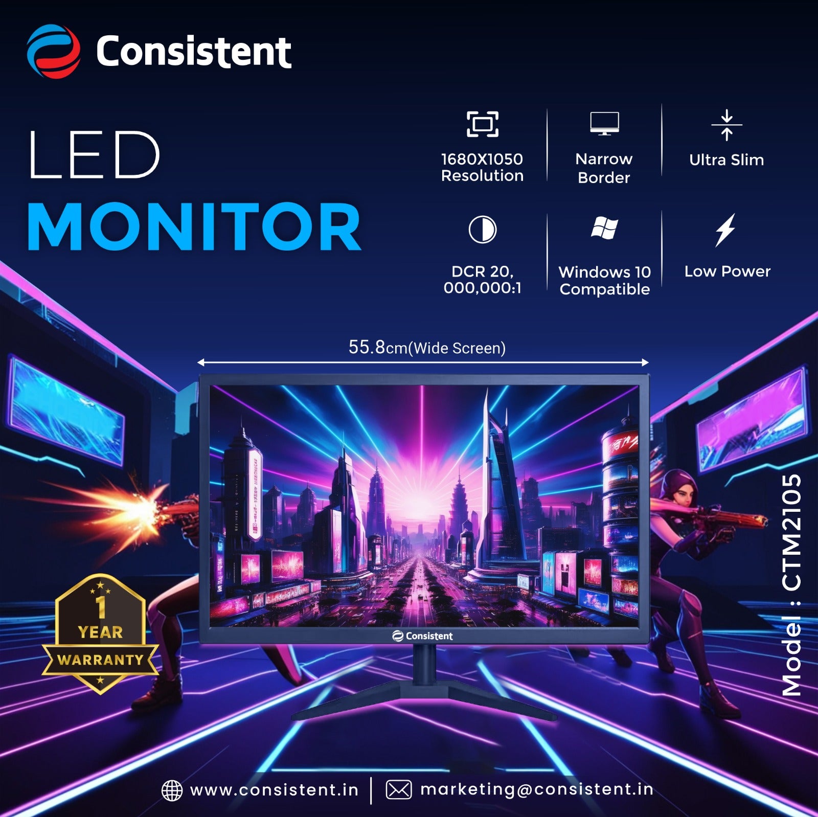 Consistent LED Monitor21.5 Inch (55.8 Cm) (1920x1080 Pixels) VA Panel LCD Monitor with LED Back Light I 250 Nits I HDMI, VGA Ports (Black) 3 Years Warranty.