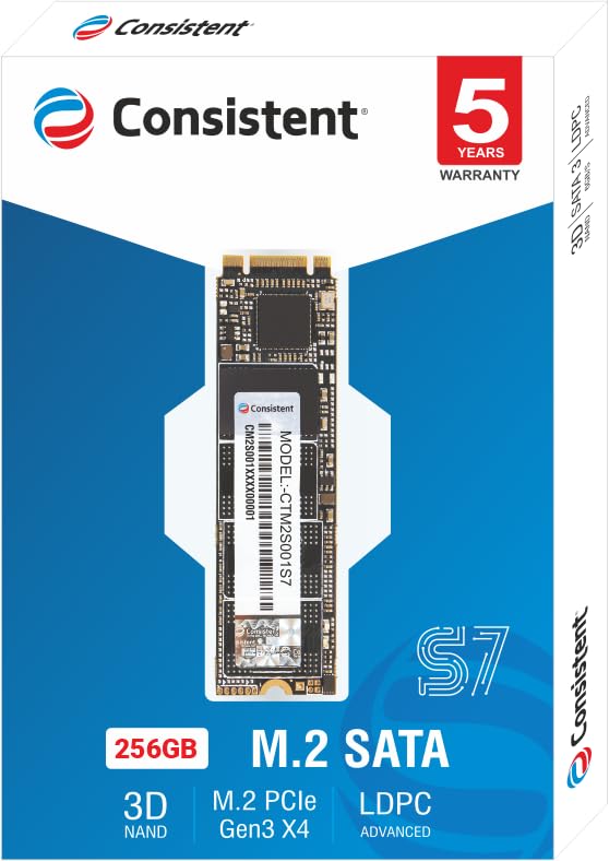 Consistent SSD 256GB M.2 SATA 2280, with 520MB/s Read Speed, PCIe Gen ...