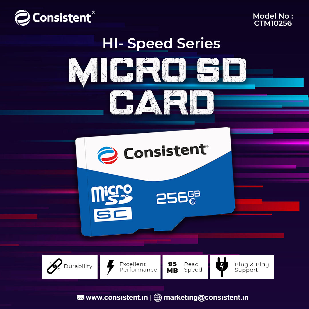 Consistent 256 GB Sd Card for 4K Video Recording with Speed Upto 90MB/s Read and 45 MB/s Write, 5 Year Warranty(CTM10256)